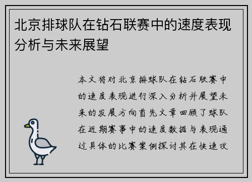 北京排球队在钻石联赛中的速度表现分析与未来展望